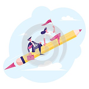 Couple of Cheerful Business Man and Woman Characters Flying on Huge Pen like on Rocket with Red Flag in Hands