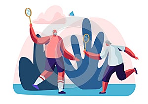 Couple of Cheerful Male Pensioners in Sports Wear Playing Badminton Outdoors. Senior People Healthy Lifestyle and Sport Life
