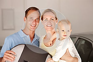 Couple, child and portrait with home, family love and smile or happiness for domestic. Father, mother and kid in house