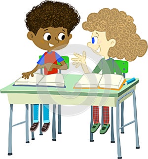 Couple of children are sitting together in a school desk