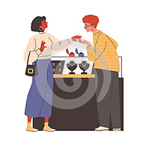 Couple choosing ring in jewelry store, luxury jewelry shop vector illustration, man purchasing present for woman