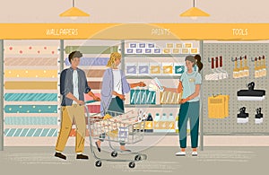 Couple choosing wall paint color in diy store. Vector illustration. People buy wallpapers, tools and paints in hardware