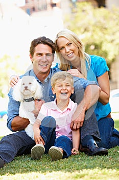 Couple in city park with son and dog