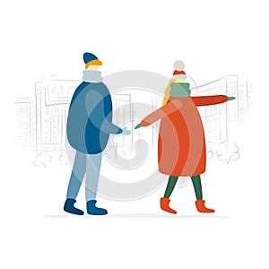 Couple, city street walkers, man and woman. Girl and guy in casual clothes walking, male and female characters. City