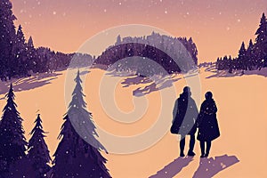 a couple in a classic vintage winter scene, art, ai generated image