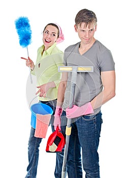 Couple cleaning the house photo