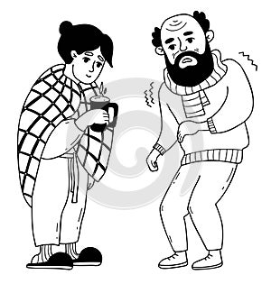 Couple of cold people. Sick unhappy pensioner, old man, cold and trembling. Woman wrapped in blanket with hot tea