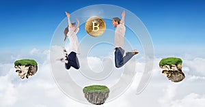 Couple collecting bitcoins jumping on game platforms in sky