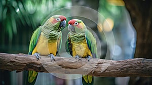 Couple of colorful parrots on a tree branch