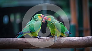 Couple of colorful parrots on a tree branch