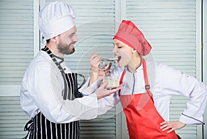 Couple compete in culinary. Try ingredients before cook. Estimate taste. Healthy food. Healthy nutrition. Cooking