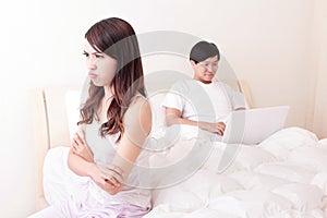 Couple with computer in bed