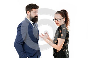Couple conflict and dispute. misunderstanding at work. discussion between businessman and woman. business conflict