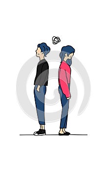 Couple confused thinking about their relationship problem doodle color drawing vector illustration. boy and girl stand back to