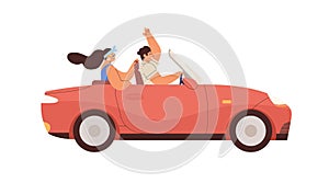 Couple in convertible car on summer road trip. Happy man and woman ride cabriolet. People driving cabrio. Male and