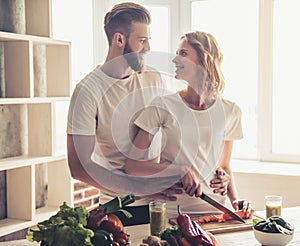 Couple cooking healthy food