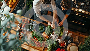 Couple cooking together in well-lit kitchen surrounded by fresh vegetables ingredients. They chop vegetables on cutting board