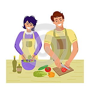 The couple cooks together. Cooking at home. Vector illustration