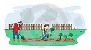 Couple of Cottager Characters Working in Garden. Man Digging Soil, Woman Planting Sprout to Ground and Care of Trees