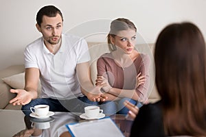 Couple counseling family psychologist, man talking to psychother