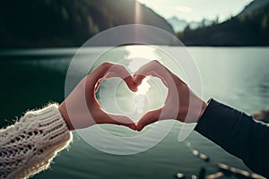 couple creating heartshape with joined hands over lake