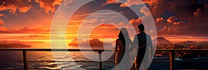 couple on a cruise ship& x27;s deck, watching the sunset over the ocean, highlighting the magic of travel. Generative AI