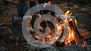 A couple cuddled up by the fire toasting vanilla bean marshmallows over the glowing coals photo