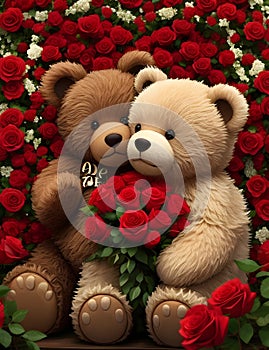 A couple of cute and adorable bear surrounded by the rose, flower, love scene, fantasy art