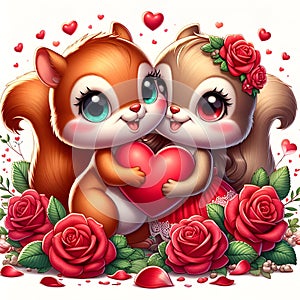 A couple of cute and adorable funny squirrel, hugging a heart with red rose flower, love sign, cartoon, animal design