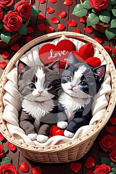 A couple of cute and adorable kittens sleep in a cozy basket, with the love sign, red rose flower, rose petals, in cartoon style