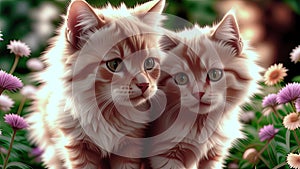 Couple cute and adorable little fluffy cat meadow. Generative AI