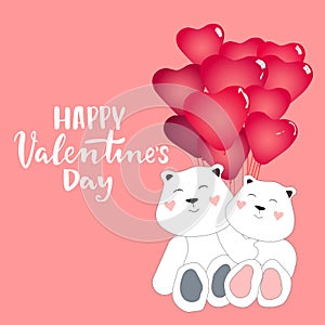 Couple cute bear cartoon with balloons heart form.