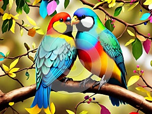 A Couple of cute birds fall in love sitting on branch, AI- generated