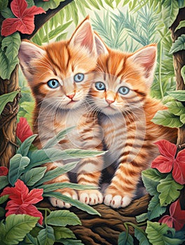 Couple of Cute Cats in the forest watercolor painting.