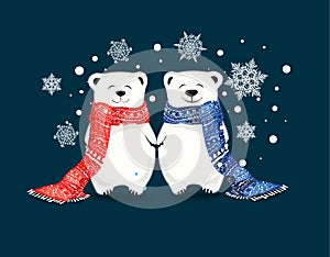 Couple of Cute little polar bears with snowflakes. Christmas and New-Year conceptred scarf and