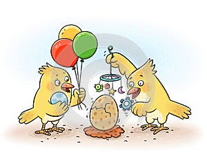 Couple of cute and lovely birds are waiting for their egg to hatch and birth. Newborn baby bird is coming out from egg