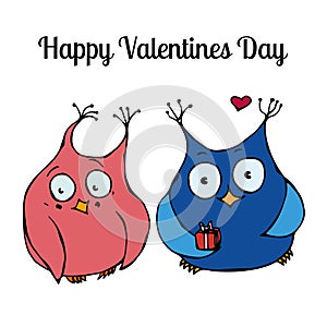 Couple of Cute Owls, Love Card Design. Vector Illustration