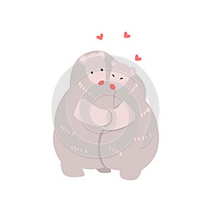 Couple of cute polar bears in love embracing each other, two happy aniimals hugging with hearts over their head vector