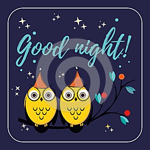 Couple of cute vector owls with hats on the tree branch. Children s illustration quote good night for the cards. design