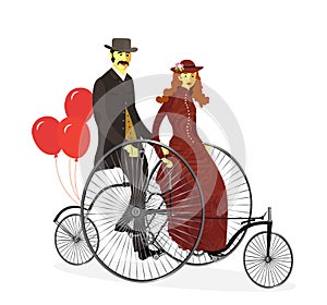 Couple of cyclists on tandem bicycle with balloons.Vector