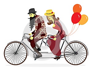 Couple of cyclists on tandem bicycle with balloons. Vector illust