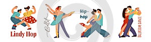 Couple dance. Man and woman dancers. Lindy Hop. Salsa and tango. Ballroom dancing. Latino rumba poster. Hip-hop pair