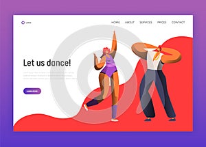 Couple Dance at Night Club Landing Page Template. Party Dancer Man Woman Character Together Retro Style Website