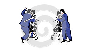 Couple dancers in close embrace position, two poses. Blue classic suit on man and elegant black dress with sequins on