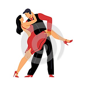 Couple of dancers dancing salsa or tango flat vector illustration isolated.
