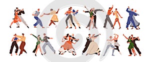 Couple dances set. Dancers in pairs, men and women partners, duets performing tango, bachata, waltz, lindy hop, rumba