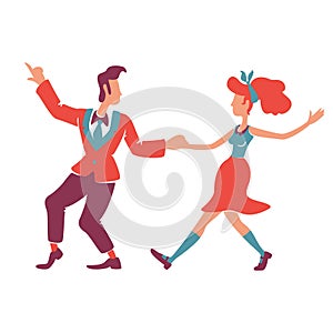 Couple dancing boogie woogie flat color vector faceless characters