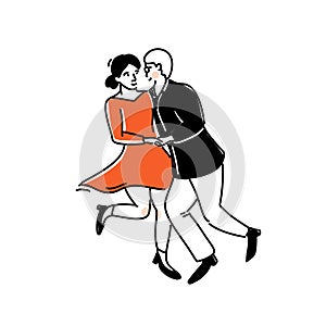 Couple dancing, man and woman in red dress in side by side position. Social dance illustration, doodle vector modern