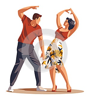 Couple dancing salsa with joyful expression. Man in red shirt, woman in floral dress enjoy dance. Latin American dance