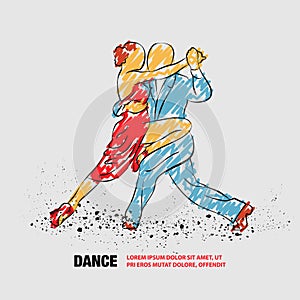 Couple dancing tango. Vector outline of tango dance with scribble doodles.